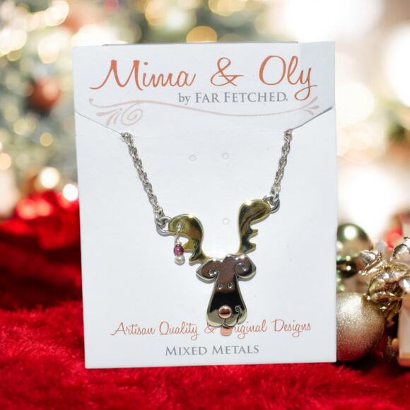 Far Fetched Doggie Reindeer Necklace Mixed Metals Holiday Christmas 18in Chain - Picture 4 of 7